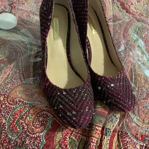 Louise et Cie Jayant Purple Tweed Metallic Fleck Chunky Flared Heels Pumps Sz 8